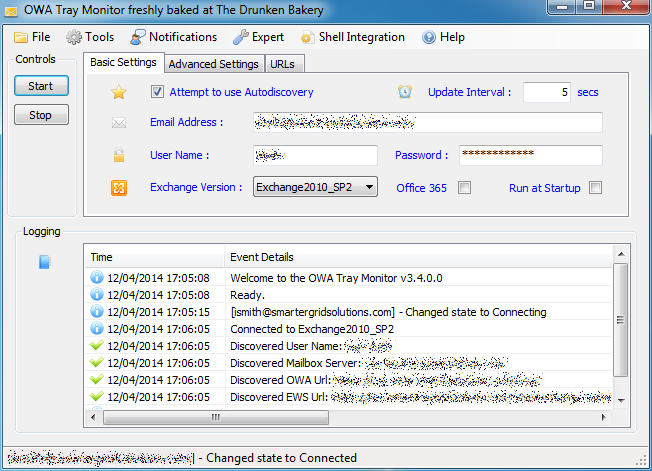 OWAtray's main window: the Basic Settings tab with autodiscovery enabled, an Exchange Version dropdown set to Exchange2010_SP2, and a connection log showing a successful autodiscovery and connection.